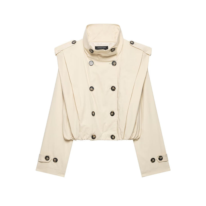 Women's Cropped Trench Coat in Cape Look with Double-Breasted Button Placket and High Stand Collar Mune Fashion