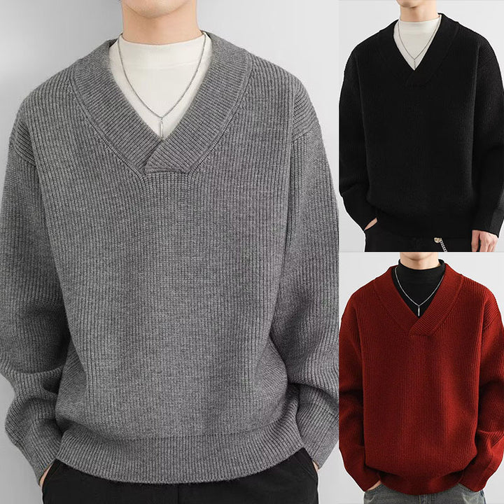 Men's chunky knit pullover with V-neck Mune Fashion