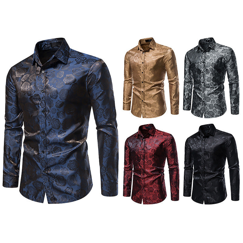 Men's Elegant Shirt with Floral Jacquard Pattern and Satin Gloss Mune Fashion