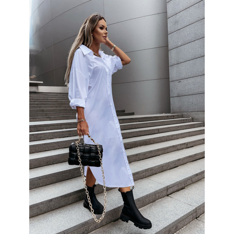 Women's Long Oversized Shirt Dress with Continuous Button Placket, Cuffed Sleeves and Deep Side Slit Mune Fashion