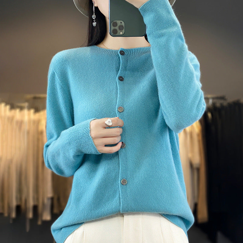 Women Lightweight Fine Knit Cardigan with Cashmere Look, Round Neckline and Hidden Button Placket Mune Fashion