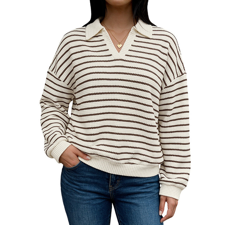 Women's Stylish V-Neck Sweater with Stripes Mune Fashion