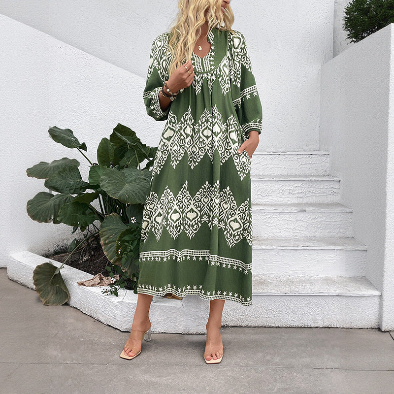 Women's Long Boho Maxi Dress with Loose A-Line, U-Neck and Patch Pockets Mune Fashion