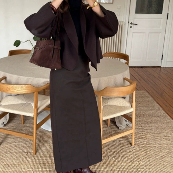 Women Two-Piece Tailoring Set with Cropped Blazer and High-Waisted Pencil Midi Skirt Mune Fashion
