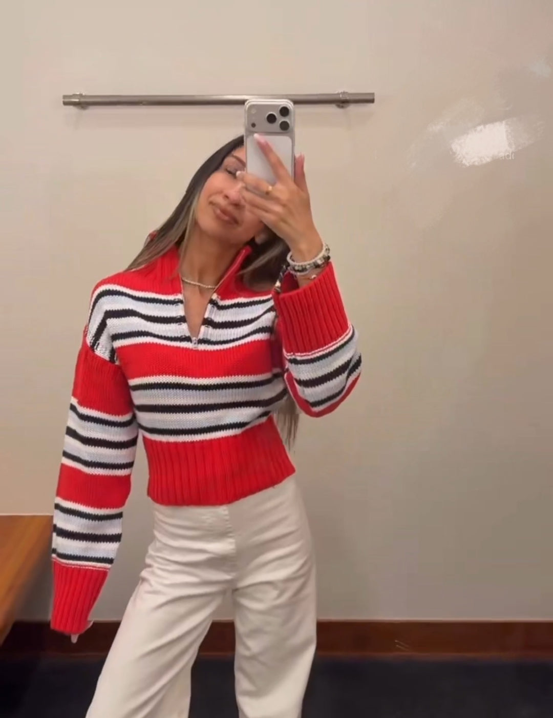 Women Cropped Knit Sweater with Half Zipper, Stand Collar and Balloon Sleeves Mune Fashion