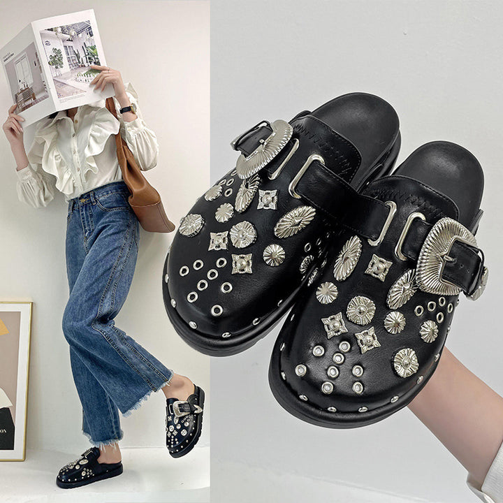 Ladies' embellished slip-on clogs with metallic conchos, large decorative buckle, and ergonomic footbed Mune Fashion