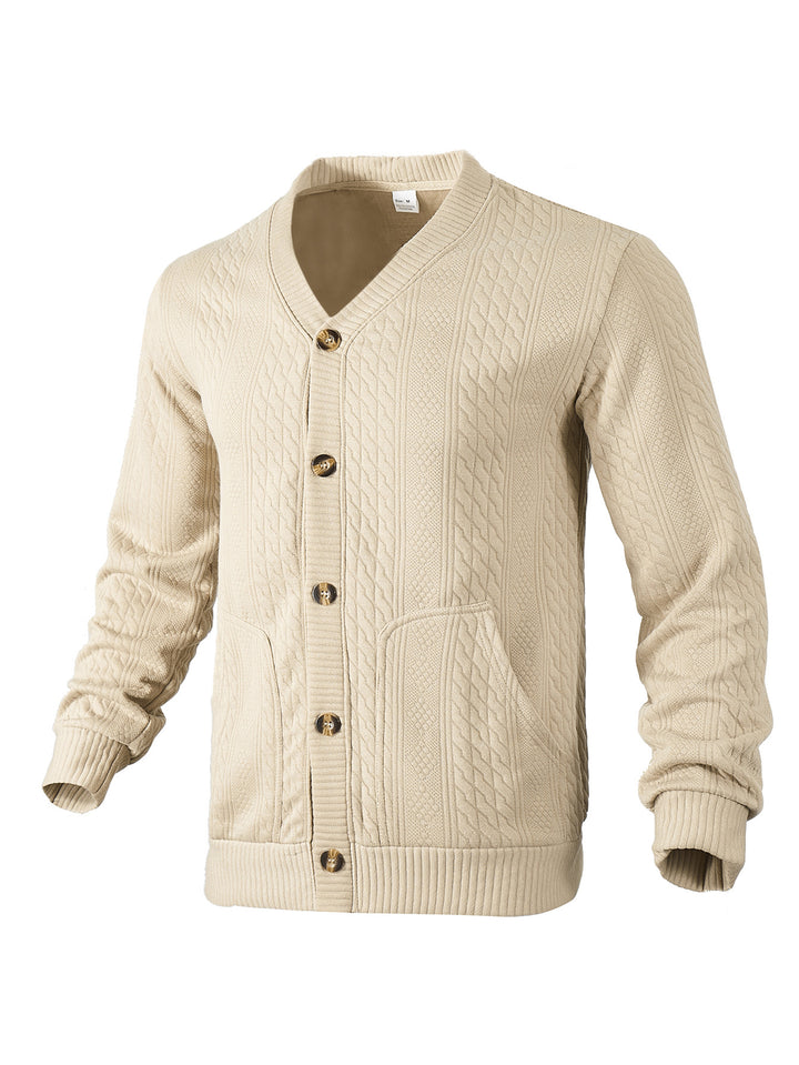 Men's elegant braided knit cardigan with V-neck button placket and patch pockets Mune Fashion