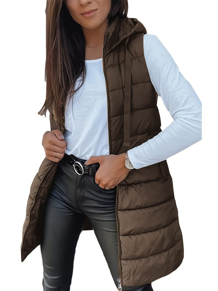 Ladies nan long quilted hooded vest with two-way zipper and side pockets Mune Fashion