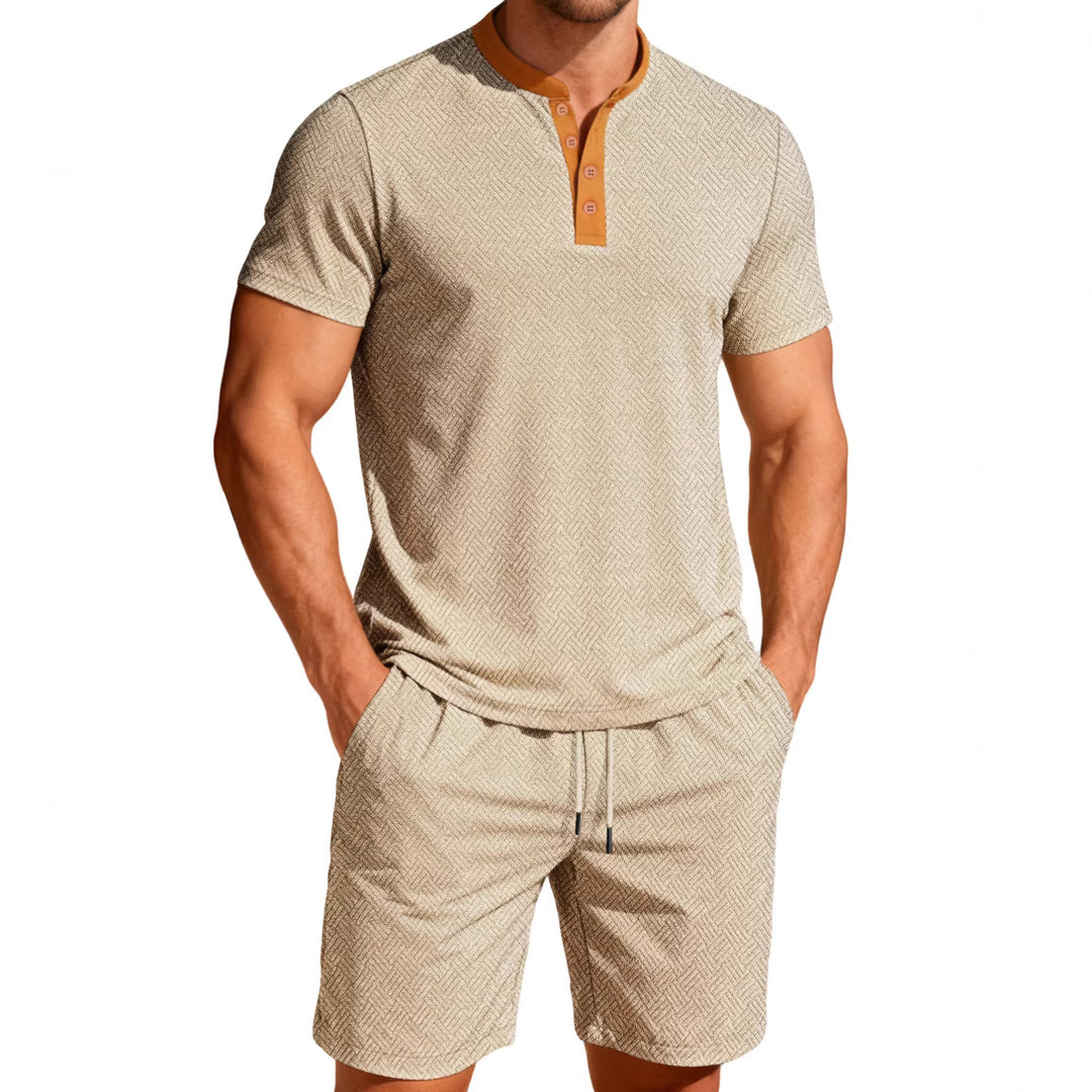 Men's nautical leisure set with fine wave texture stand collar trim and drawstring shorts Mune Fashion
