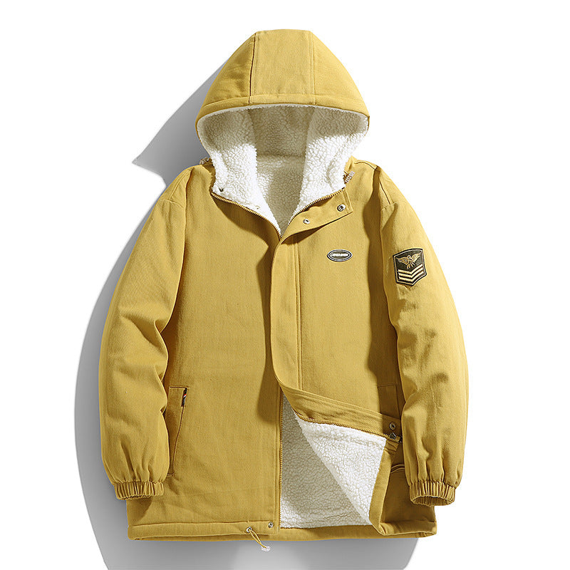 Men's Hooded Canvas Parka with Teddy Fleece Lining and Military Patch Mune Fashion