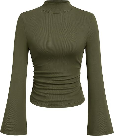 Women's Ribbed Long Sleeve Top with Stand-Up Collar, Trumpet Sleeves, and Fitted Cut Mune Fashion