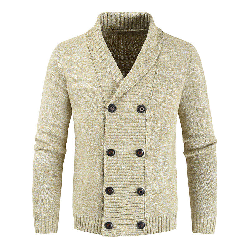 Men's double-breasted knitted cardigan with shawl collar, structured stitch look, and ribbed cuffs Mune Fashion