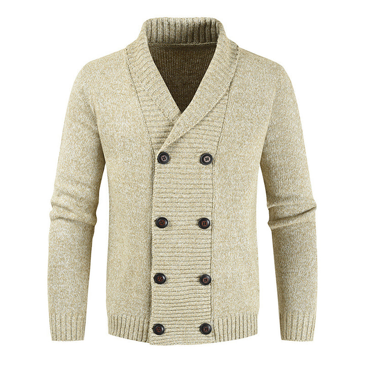 Men's double-breasted knitted cardigan with shawl collar, structured stitch look, and ribbed cuffs Mune Fashion