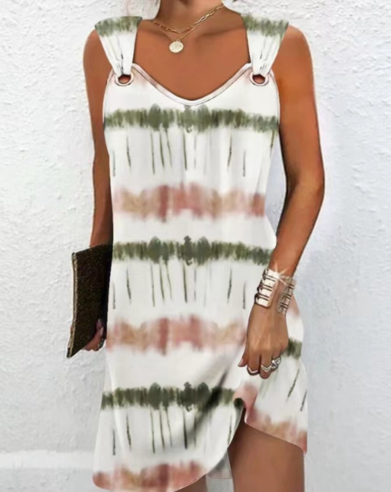 Women's sleeveless V-neck summer dress with decorative metal eyelets on wide straps and casual A-line silhouette Mune Fashion