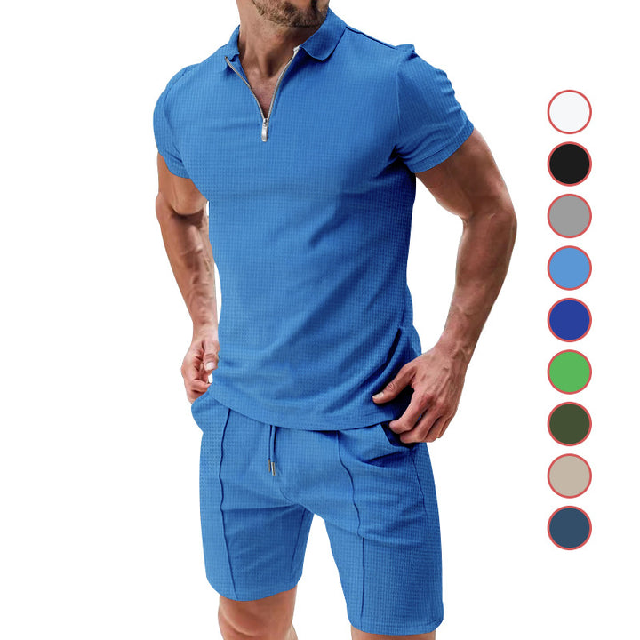 Men's casual polo shirt and chino shorts set with half zipper, textured jersey and subtle crease Mune Fashion