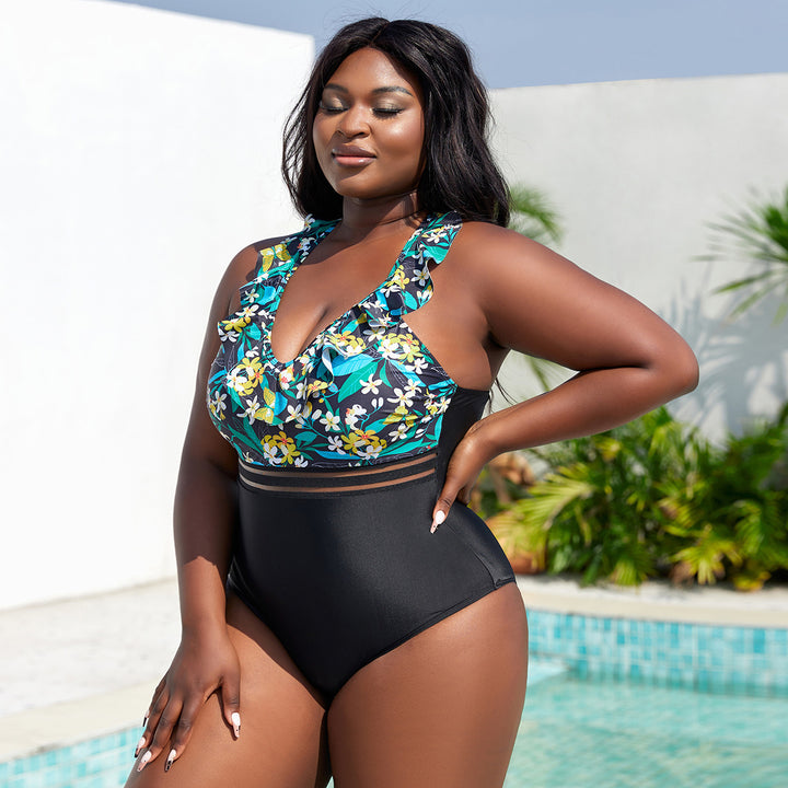Women's High-Waisted Swimsuit with Ruffle Details and Floral Top Mune Fashion