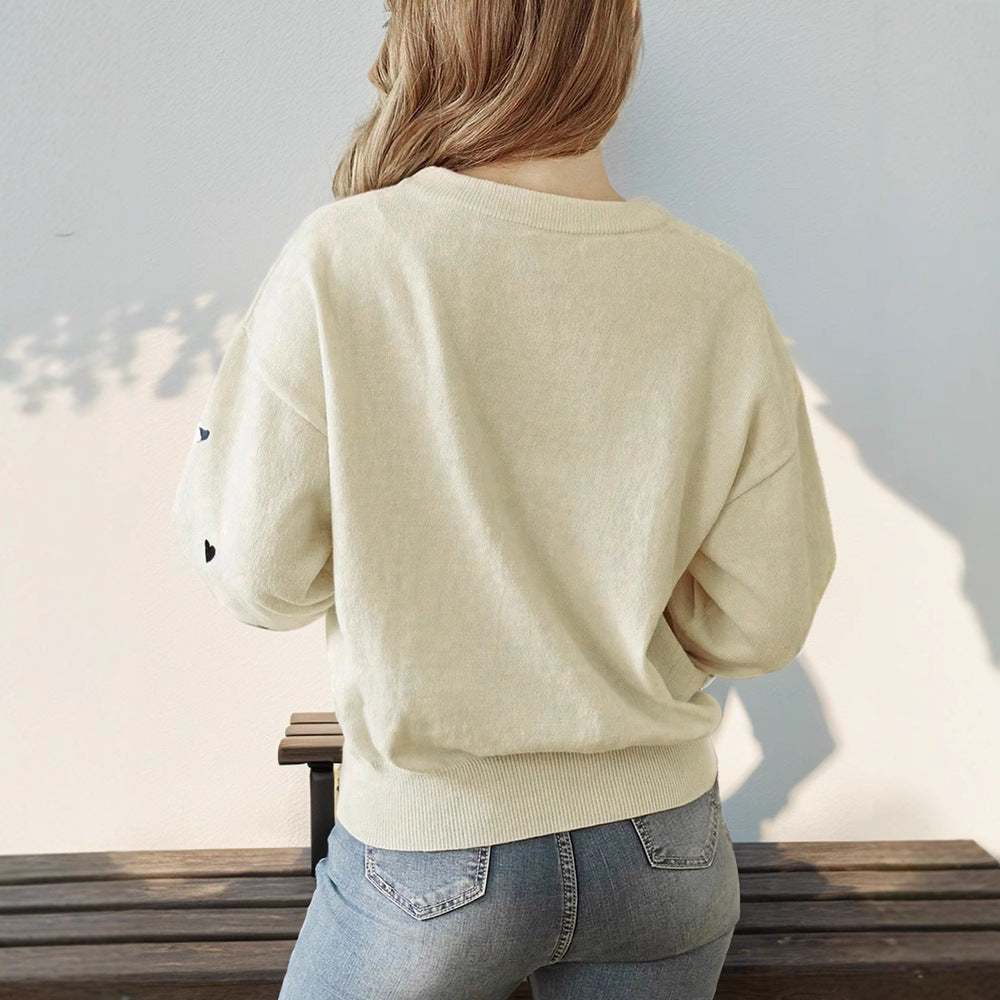 Women's Loose Fine Knit Sweater with Heart Allover, Round Neckline and Elastic Hem