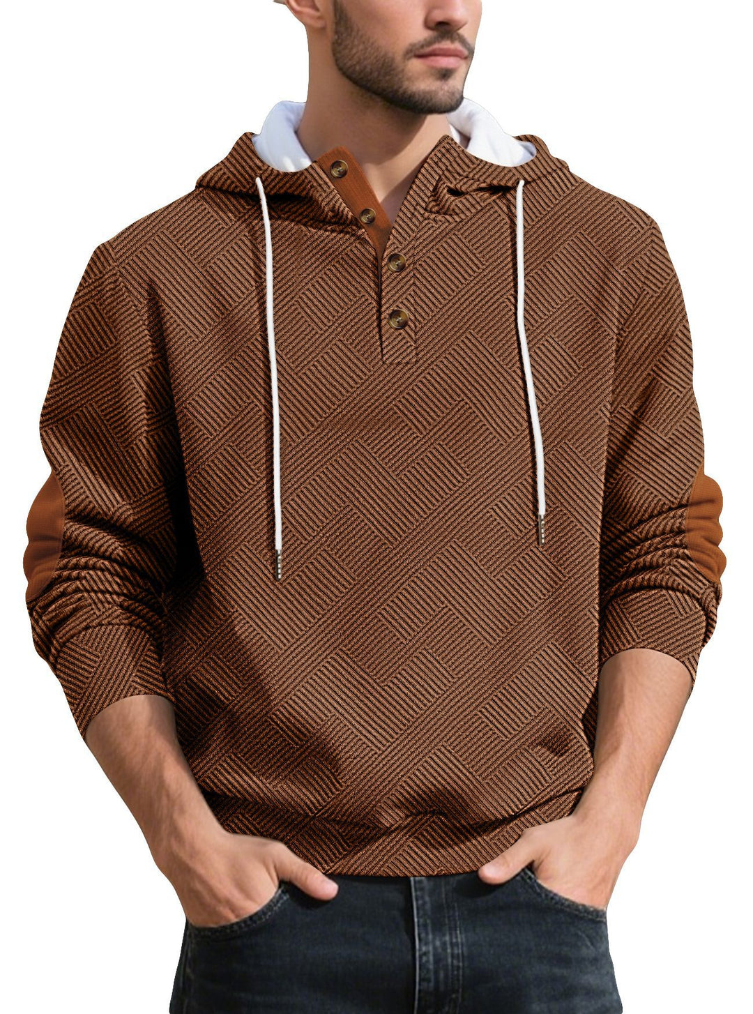 Men's structured hoodie henley pullover with jacquard texture, button placket, and elbow patches Mune Fashion
