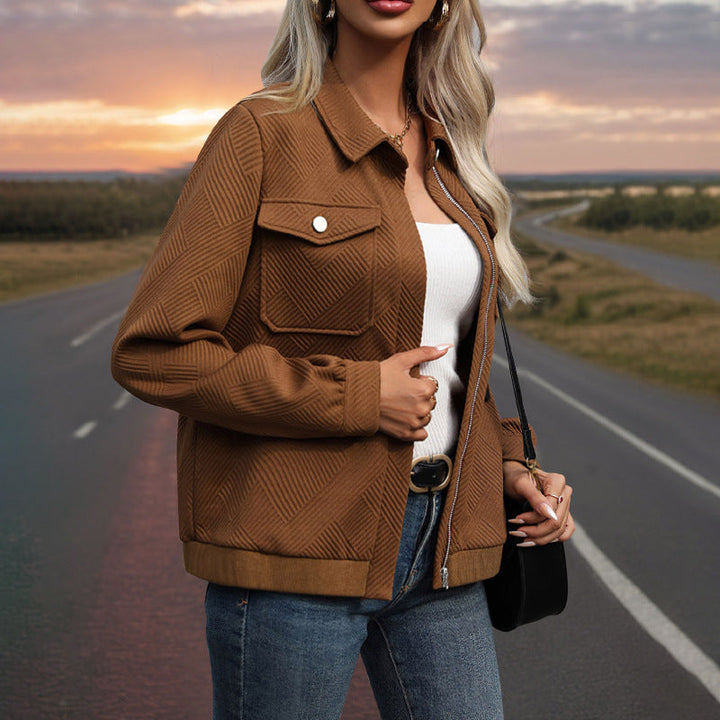 Women's Quilted Transitional Shacket with Flap Pockets, Zipper and Textured Jacquard Fabric