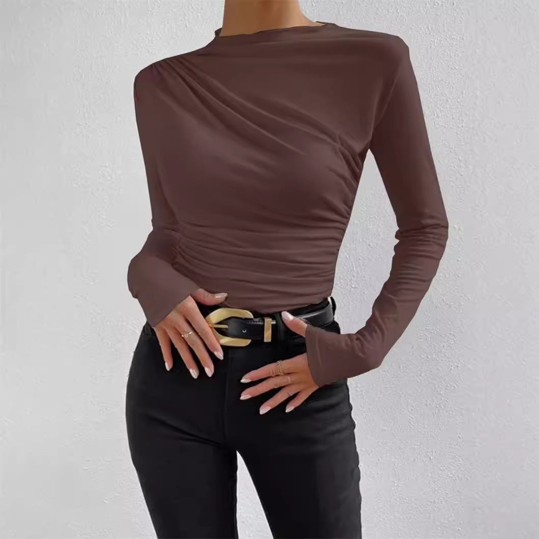 Women nan gathered long sleeve shirt with asymmetric boat neckline and figure-hugging silhouette Mune Fashion