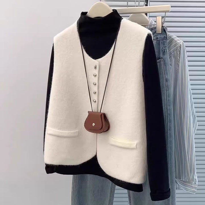 Women Short Cut Sleeveless Knit Vest with Pearl Button Placket and Patch Pockets Mune Fashion