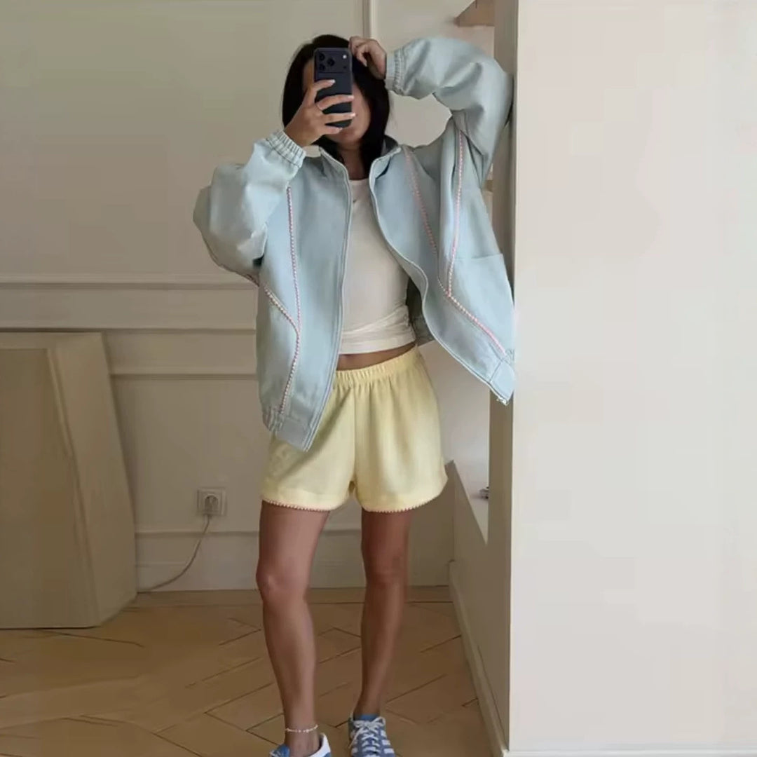 Women's Lightweight Cropped Bomber Jacket with Decorative Trims, Elastic Cuffs and Full-Length Zipper Mune Fashion