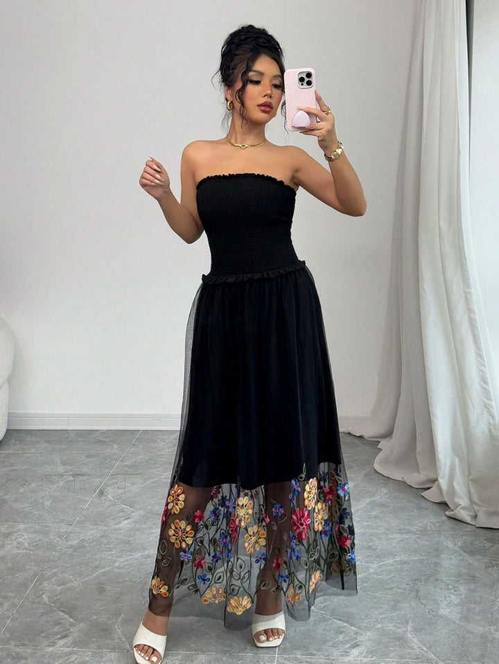 Women's off-shoulder midi dress with smocked top and embroidered tulle skirt Mune Fashion