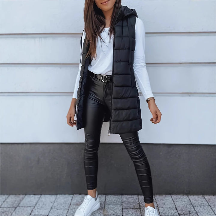 Ladies nan long quilted hooded vest with two-way zipper and side pockets Mune Fashion
