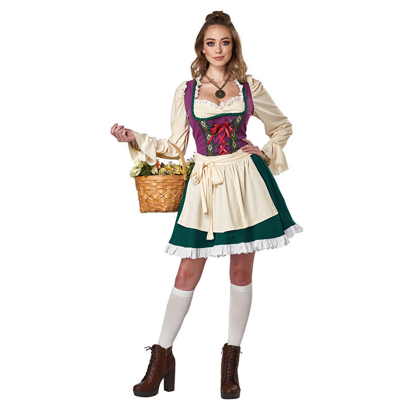 Women’s traditional dirndl dress with apron, laced corset, and ruffled sleeves Mune Fashion