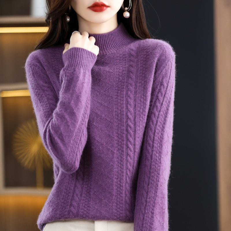 Women's Soft Mohair-Look Mockneck Sweater with Cable Pattern and Fine Ribbed Collar Mune Fashion