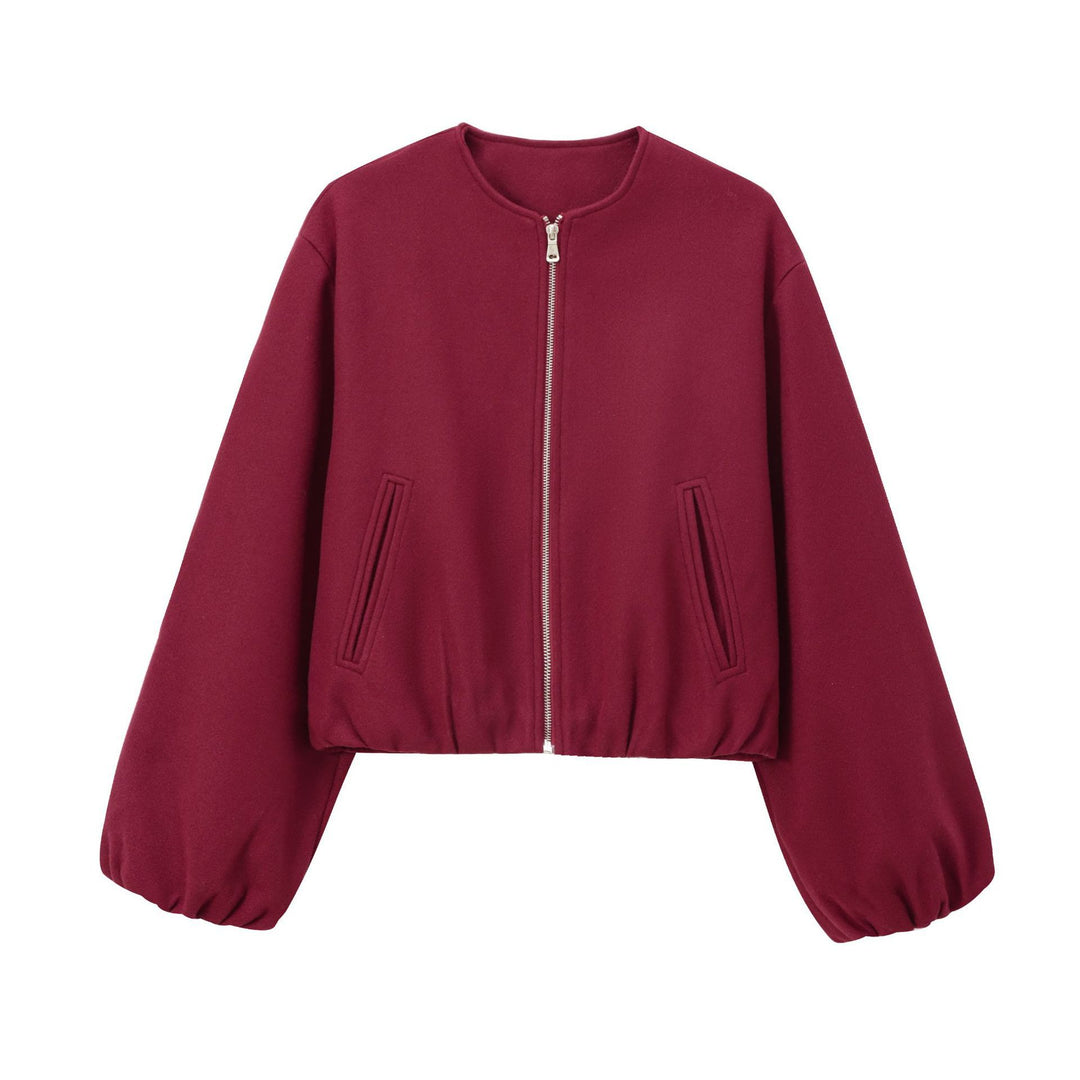 Women's Short Wool Blend Bomber with Round Neck, Zipper and Elastic Hem Mune Fashion