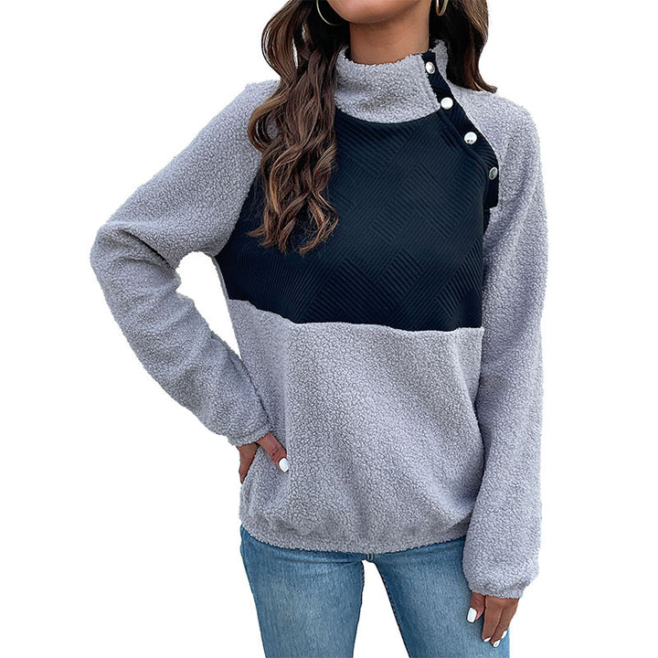 Women's Cozy Teddy Fleece Pullover with Stand-Up Collar and Snap Button Placket Mune Fashion