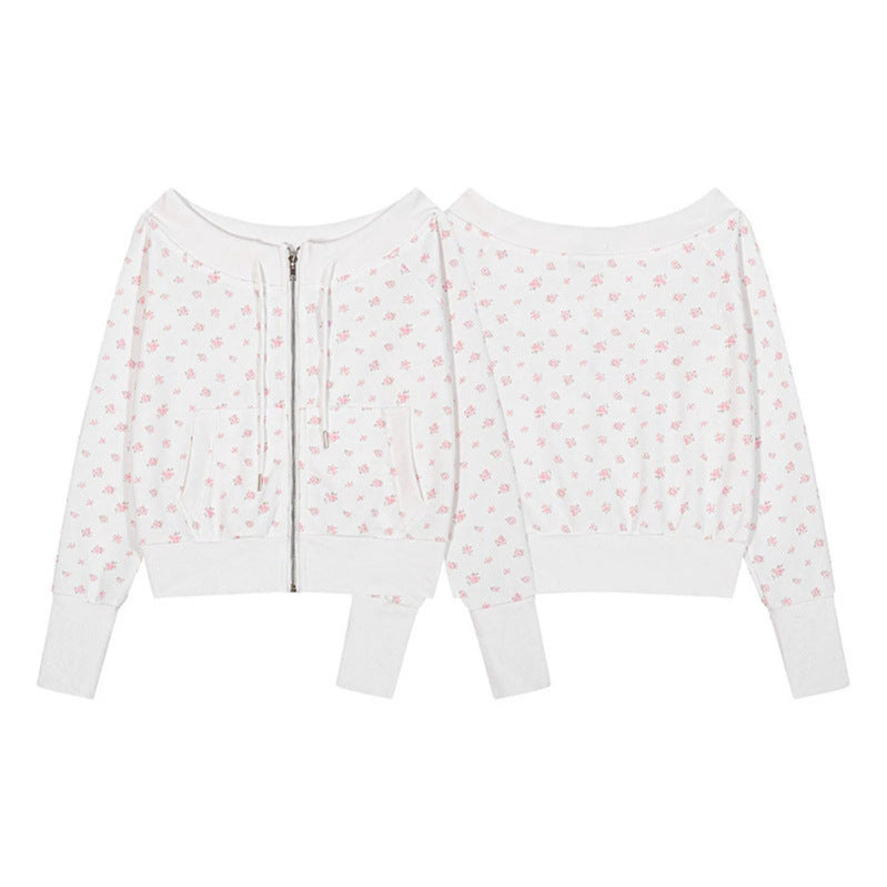 Women's short-cut hooded jacket in waffle knit with wide off-the-shoulder neckline and floral print Mune Fashion
