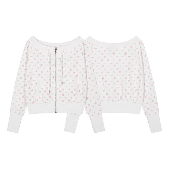 Women's short-cut hooded jacket in waffle knit with wide off-the-shoulder neckline and floral print Mune Fashion