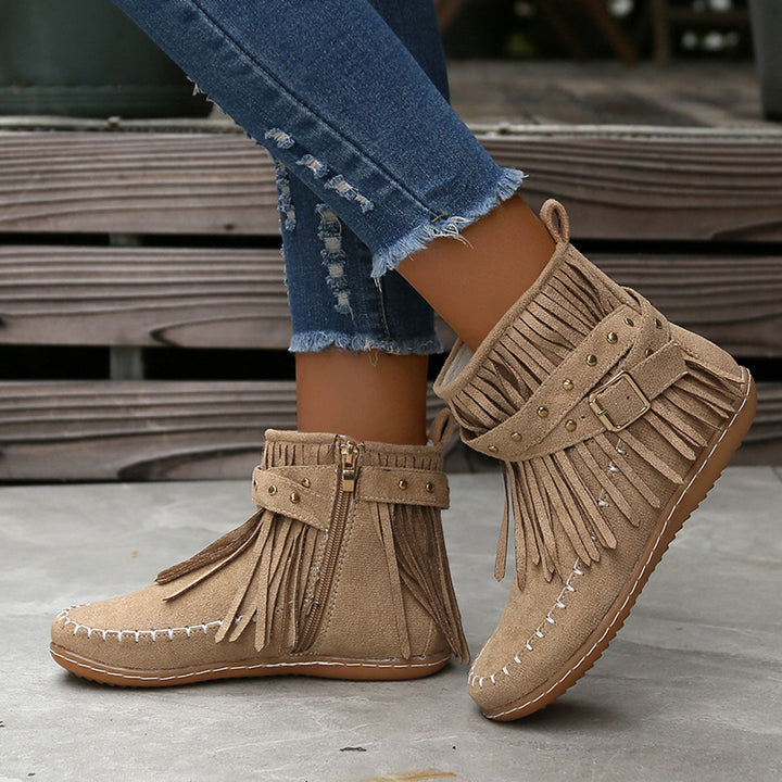 Women Moccasin Short Boots with Fringes, Decorative Belt and Hand-Stitched Moccasin Seam Mune Fashion