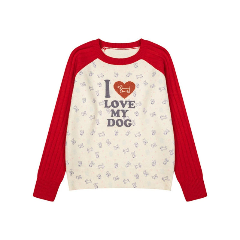 Women's knitted raglan sweater with heart dog motif, ribbed sleeves and all-over print Mune Fashion