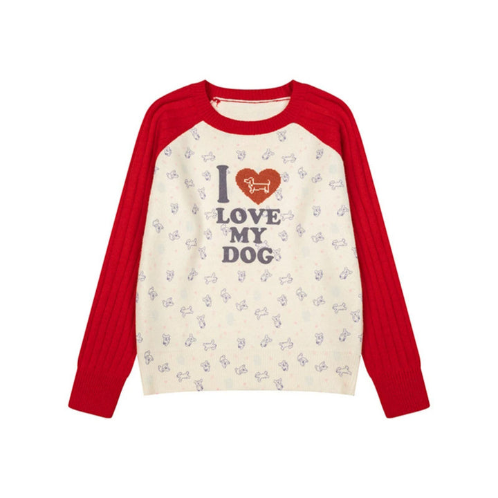 Women's knitted raglan sweater with heart dog motif, ribbed sleeves and all-over print Mune Fashion