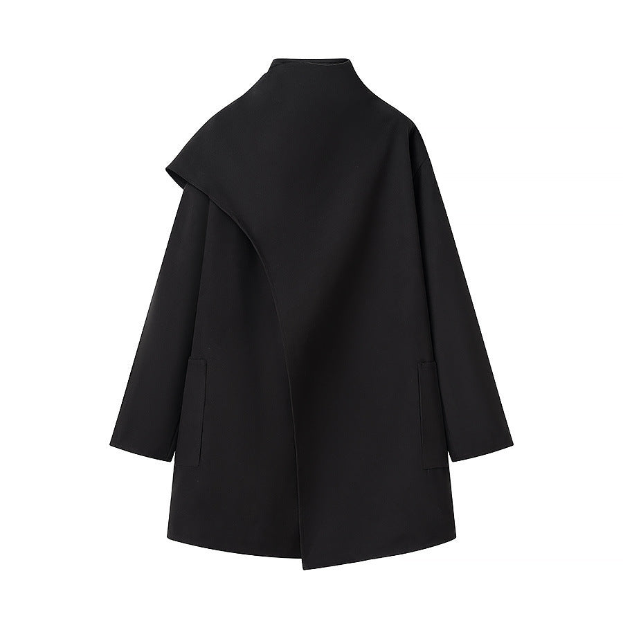 Women's oversized coat with stand-up collar, asymmetrical overlay, and patch pocket Mune Fashion