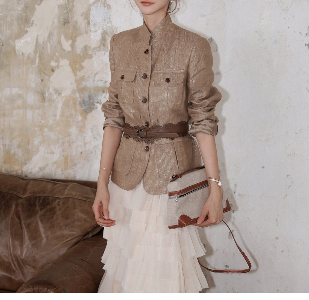Women's Elegant Linen Jacket with Waist Belt Drune