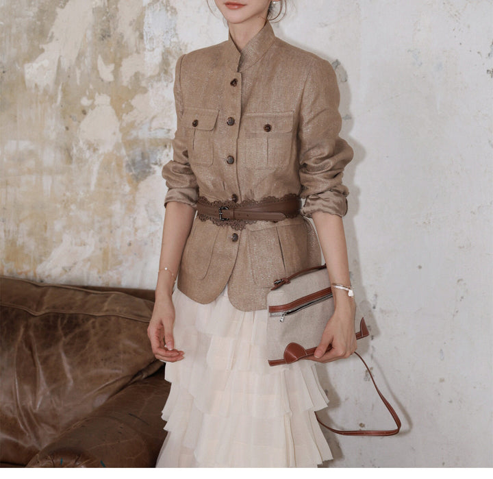 Women's Elegant Linen Jacket with Waist Belt Drune