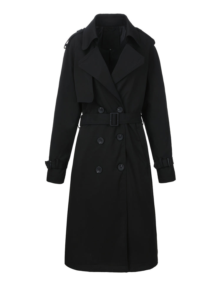 Women’s Long Double-Breasted Trench Coat with Waist Belt and Epaulettes Mune Fashion