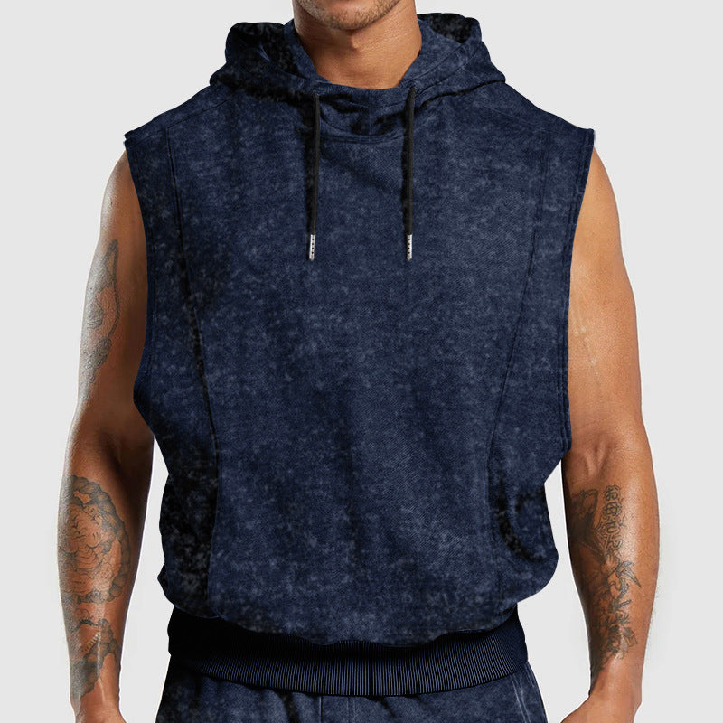 Men's sleeveless hoodie in stone-wash look with deep armholes and ribbed hem Mune Fashion