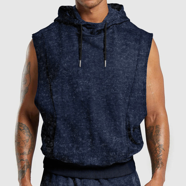 Men's sleeveless hoodie in stone-wash look with deep armholes and ribbed hem Mune Fashion
