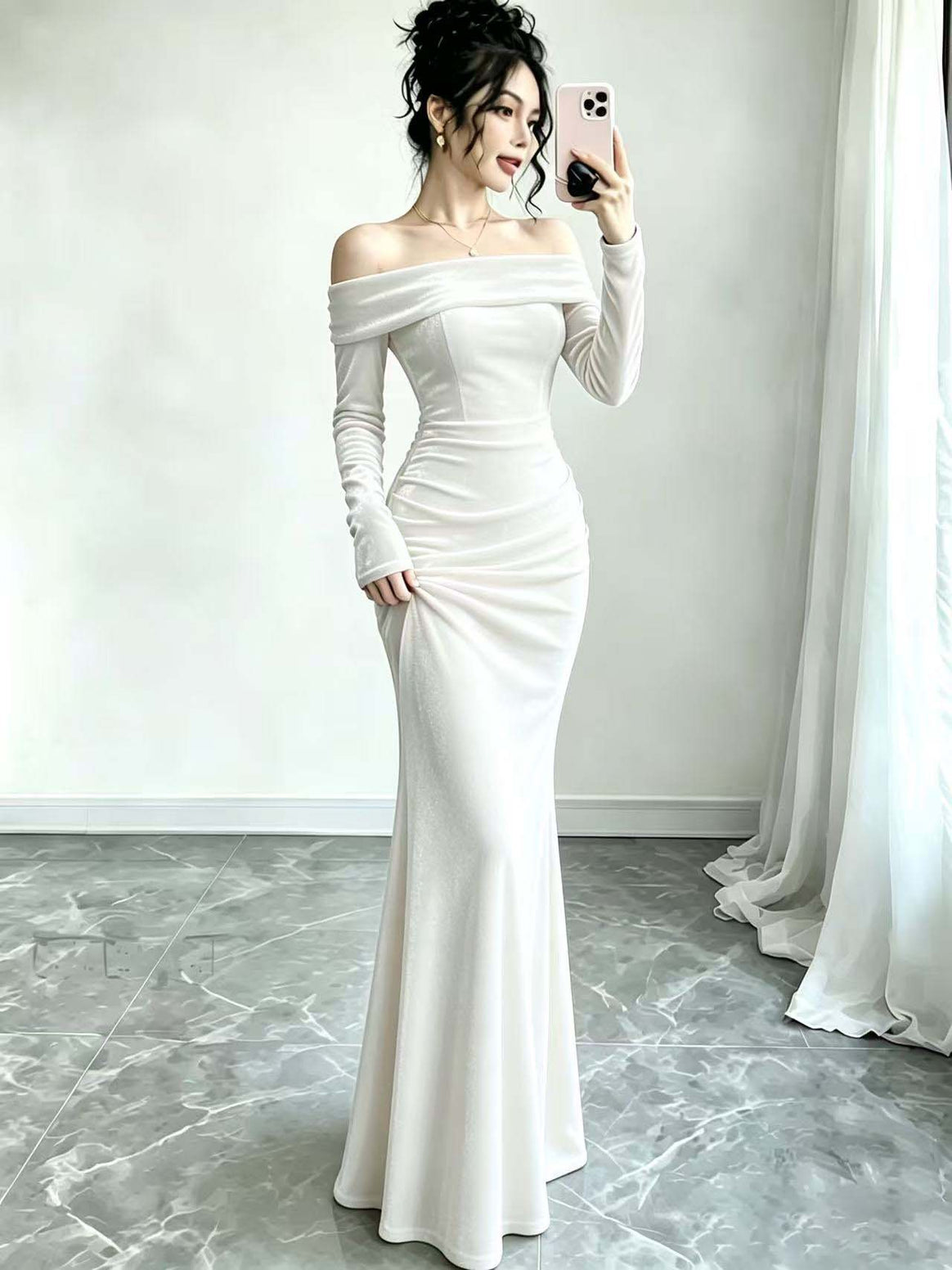 Women Long Velvet Evening Dress with Off-Shoulder Neckline and Deep Back Cutout Mune Fashion