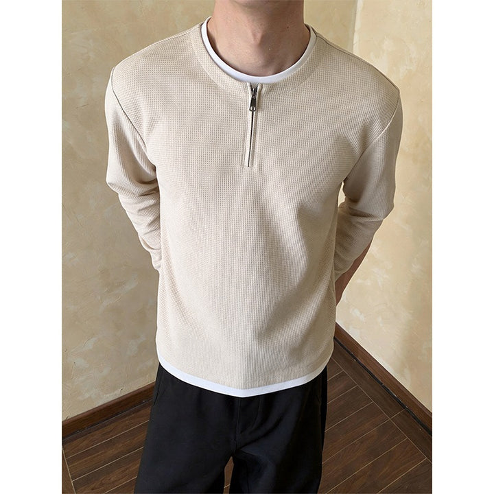 Men's Structured Long Sleeve Pullover with Half Zipper and Contrast Trim Mune Fashion