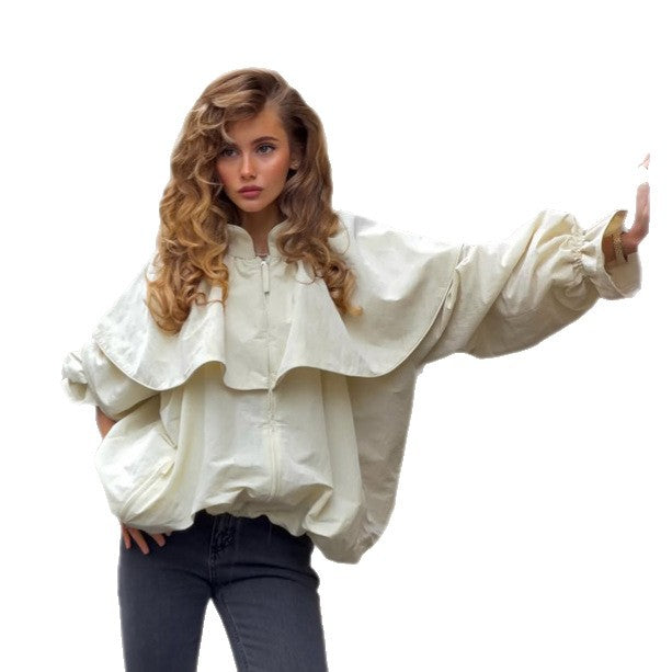 Women's Oversized Jacket with Cape Collar, Balloon Sleeves and Drawstring Mune Fashion