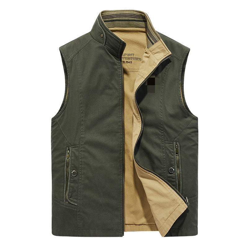 Men's Canvas Utility Vest with Stand Collar, Full-Length Zipper, and Multifunctional Outer Pockets Mune Fashion
