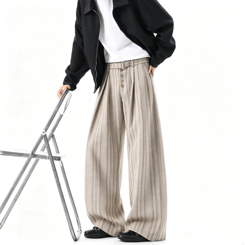 Men's Wide Pinstripe Pants in Baggy Cut with High Waist, Pleats and Decorative Button Placket Mune Fashion