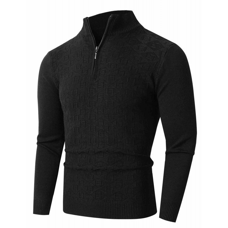 Men's Slim-Fit Fine Knit Half-Zip Sweater with Stand Collar and Geometric Relief Mune Fashion