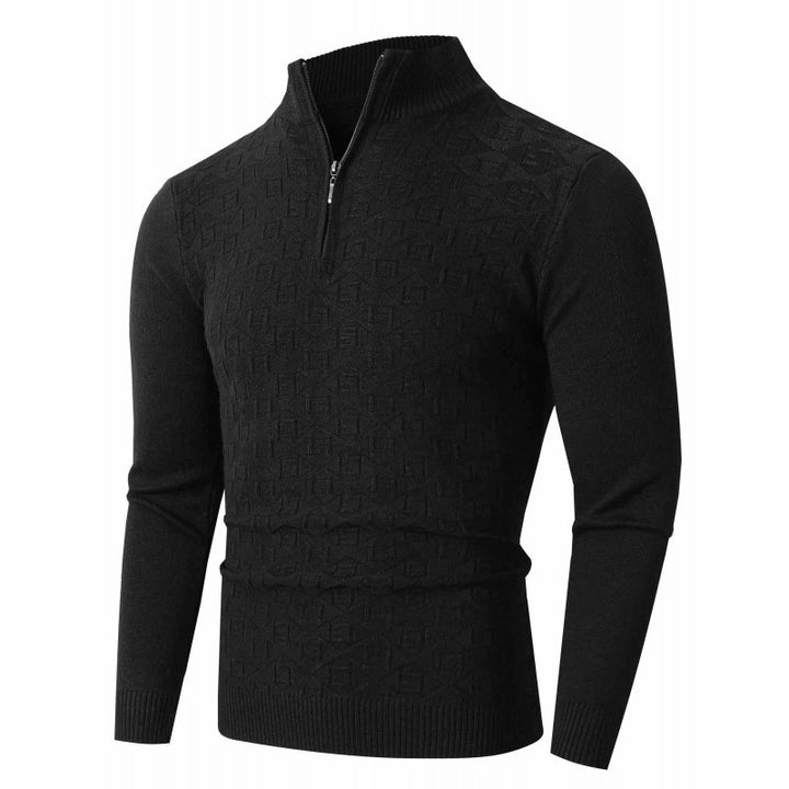 Men's Slim-Fit Fine Knit Half-Zip Sweater with Stand Collar and Geometric Relief Mune Fashion